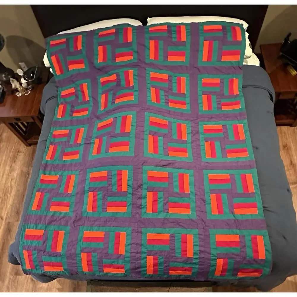 Handmade Quilt 80” X 65”‎ Red Orange Green Purple